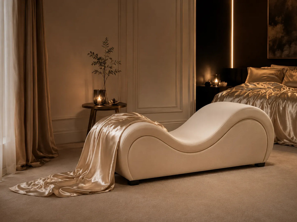 A modern curved chaise lounge upholstered in cream bouclé, styled in a luxurious bedroom with warm beige walls, draped satin bedding, and a matching satin throw blanket cascading from the chaise.