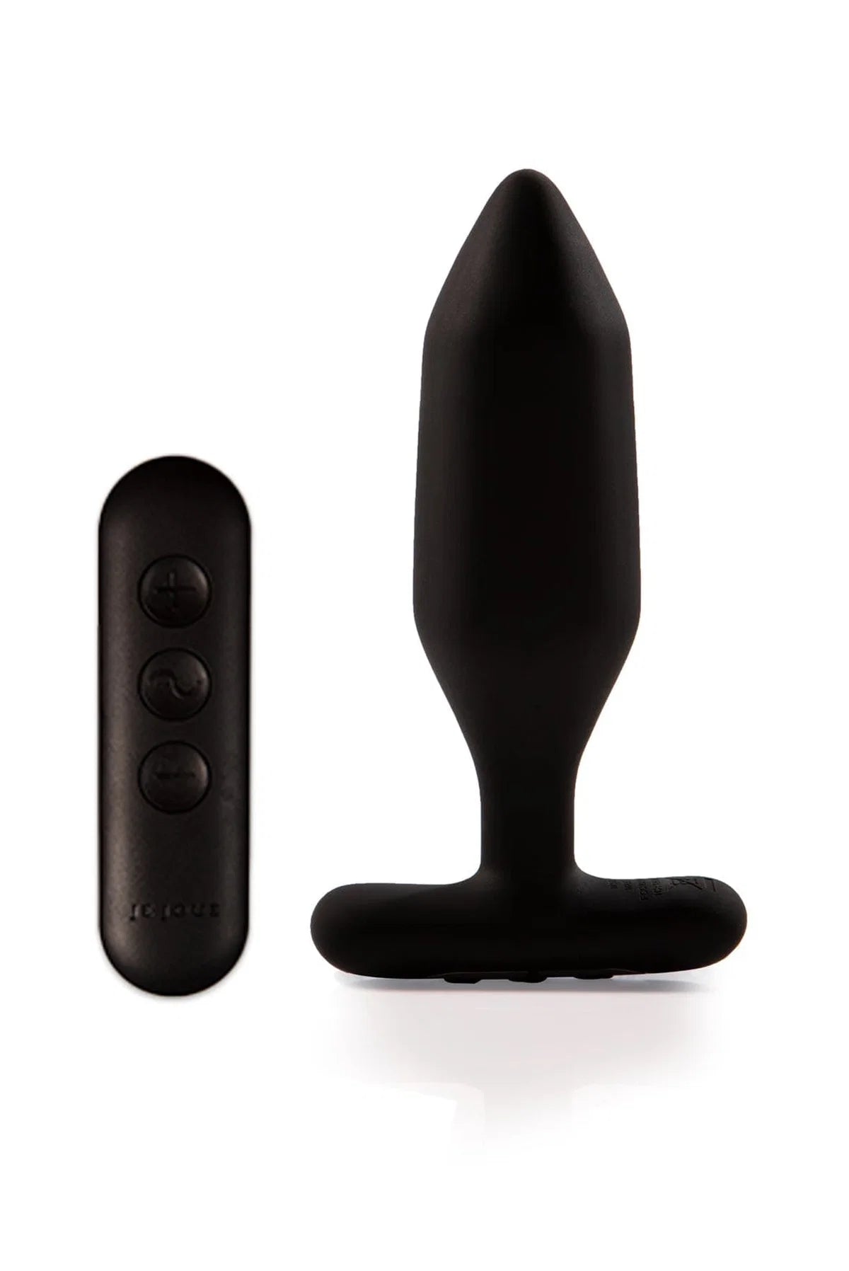 Black electronic device with remote control on a white background