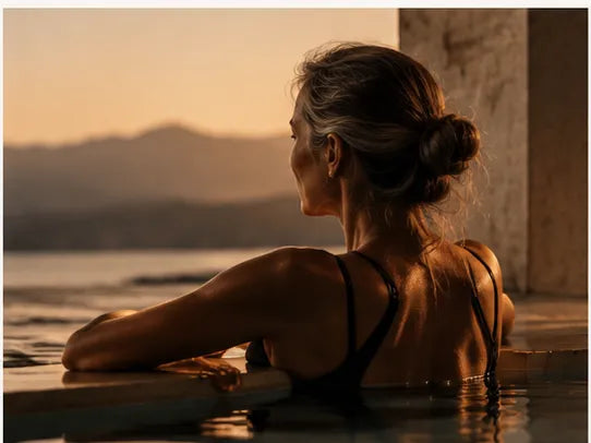 woman in pool overlooking sunset