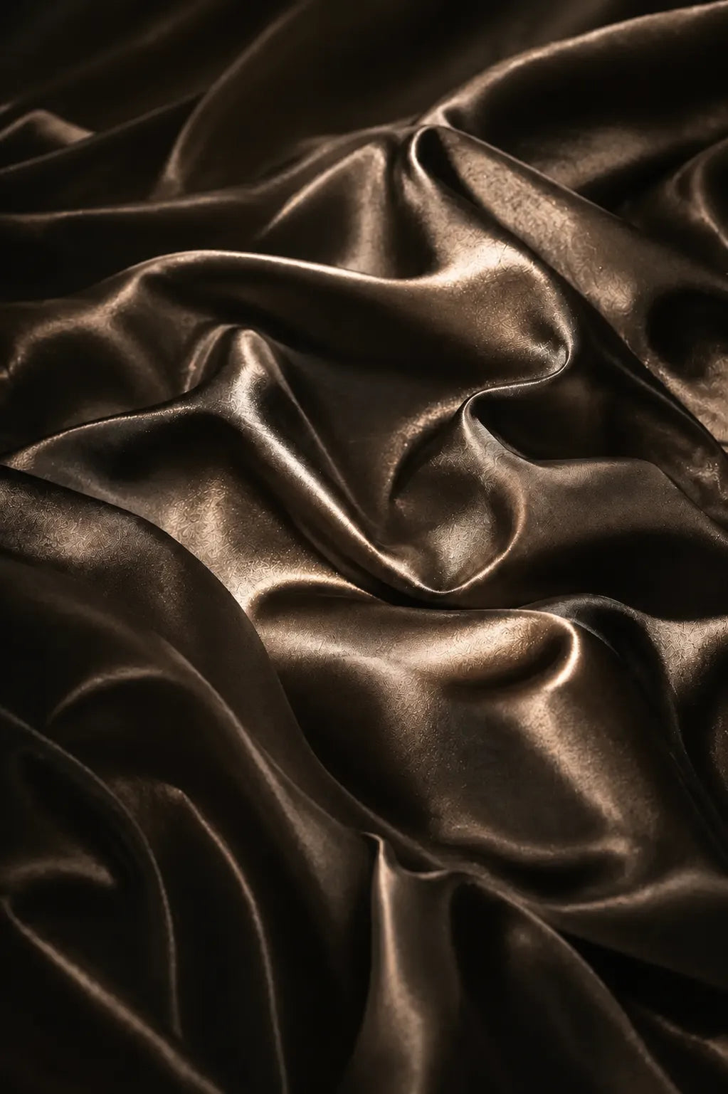 Dark brown satin fabric with elegant draped folds and a glossy sheen against a black background.