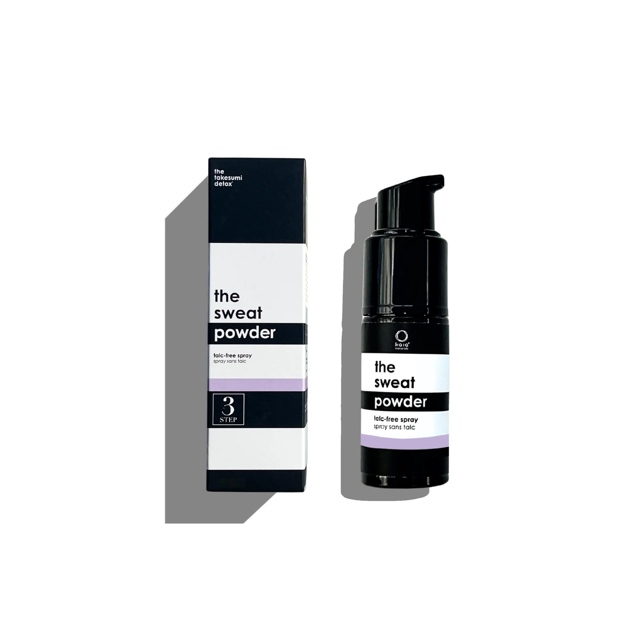 Black spray bottle and packaging labeled 'the sweat powder' on a white background
