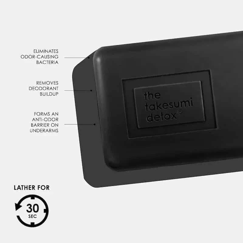 Black deodorant block with 'the takesumi detox' branding on a white background