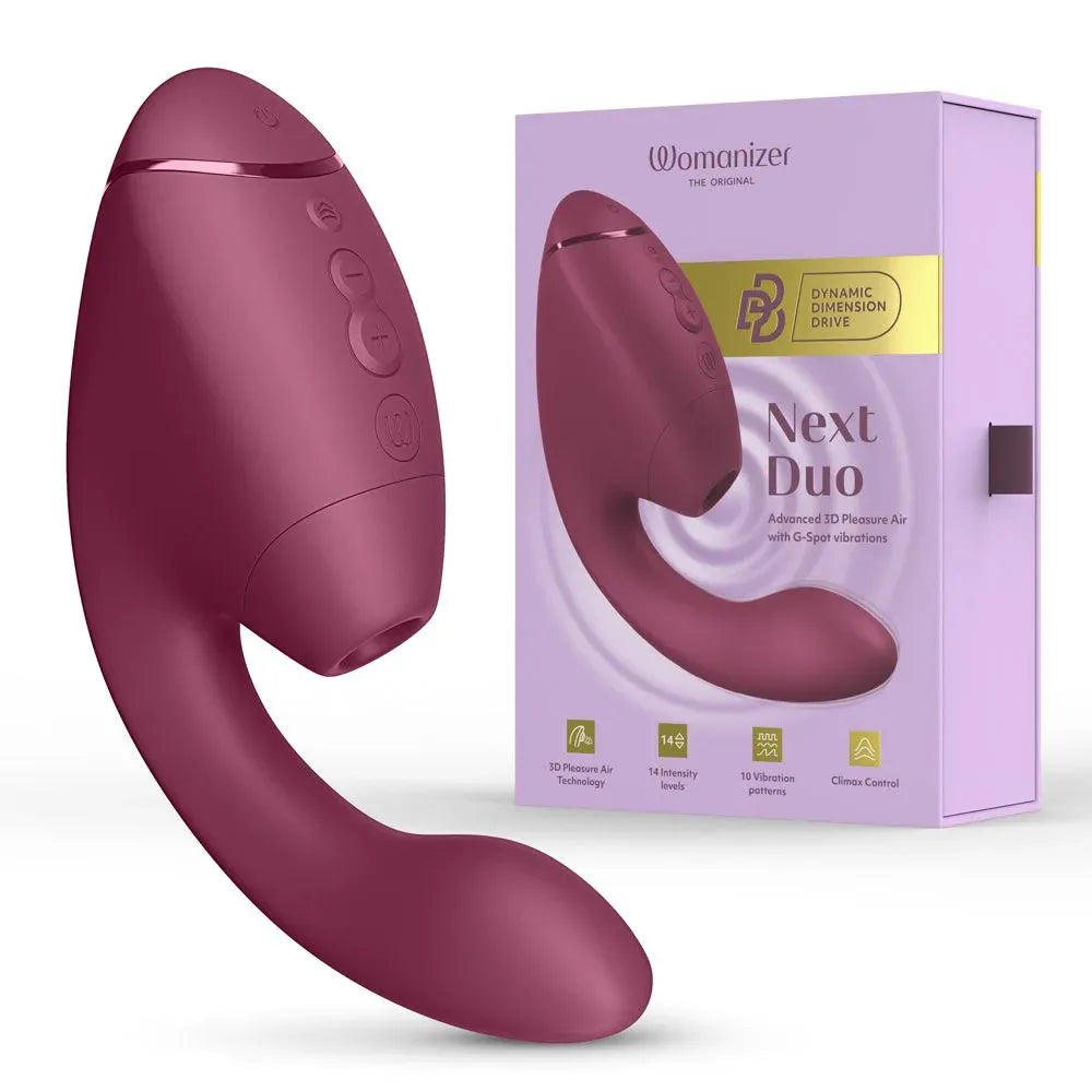 Purple sexual wellness device with packaging on a white background