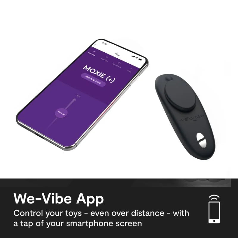 Smartphone displaying the We-Vibe app with a black device on a white background
