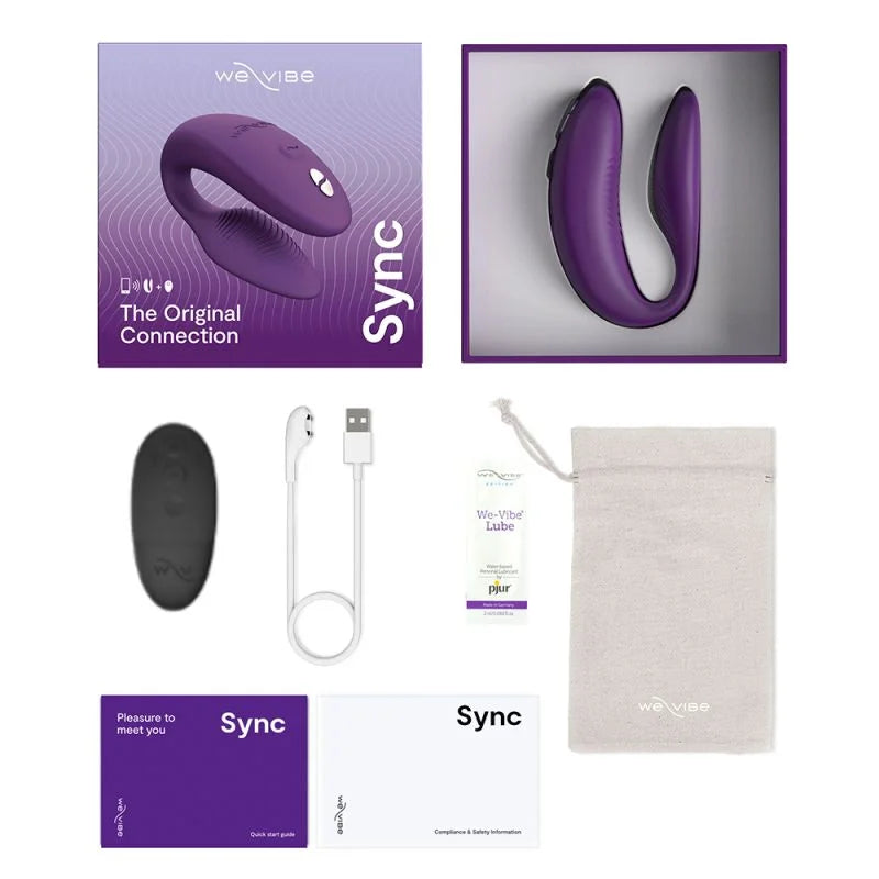 Purple WeVibe Sync product with packaging, cable, and accessories on a white background