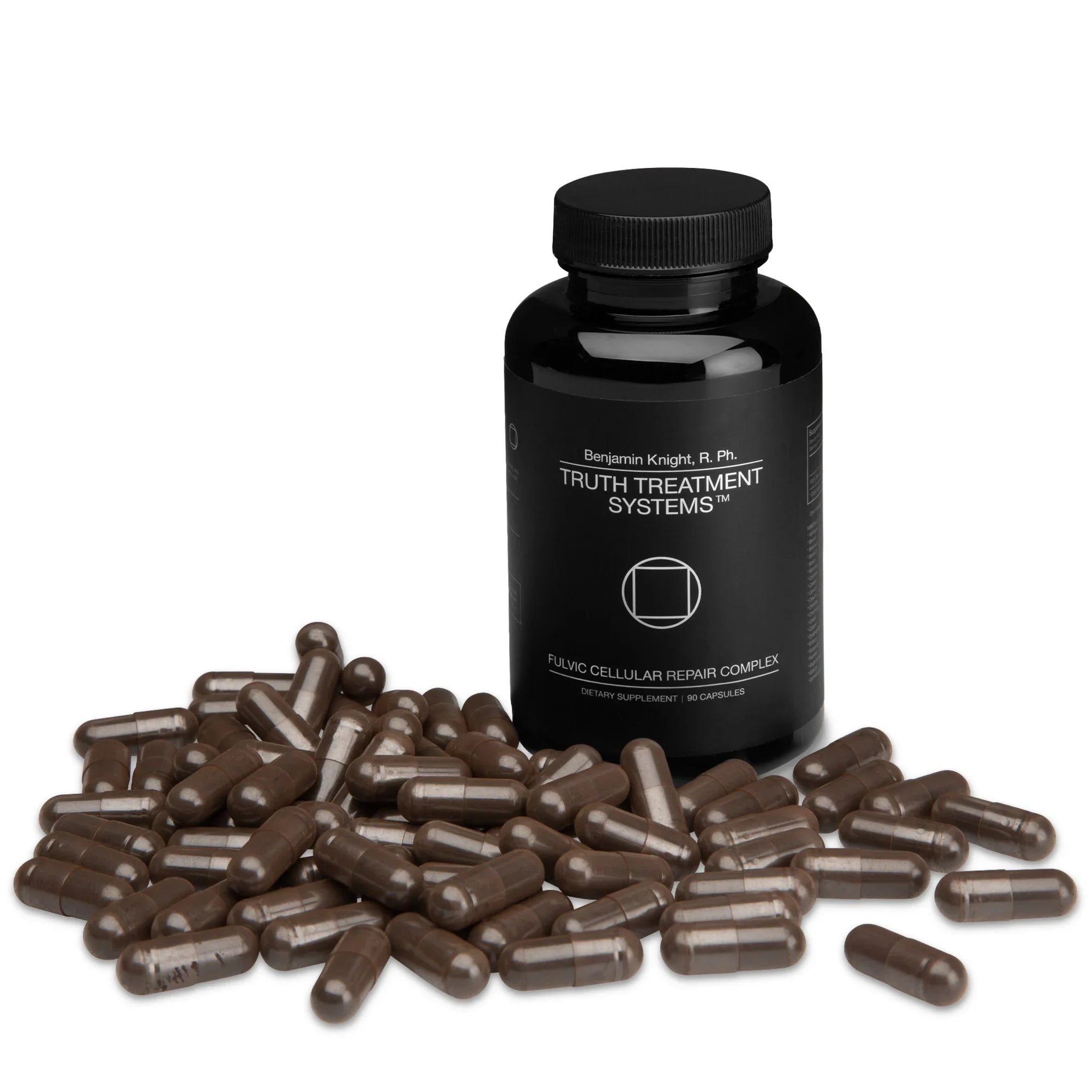 Truth Treatment Systems bottle with spilled capsules on neutral background