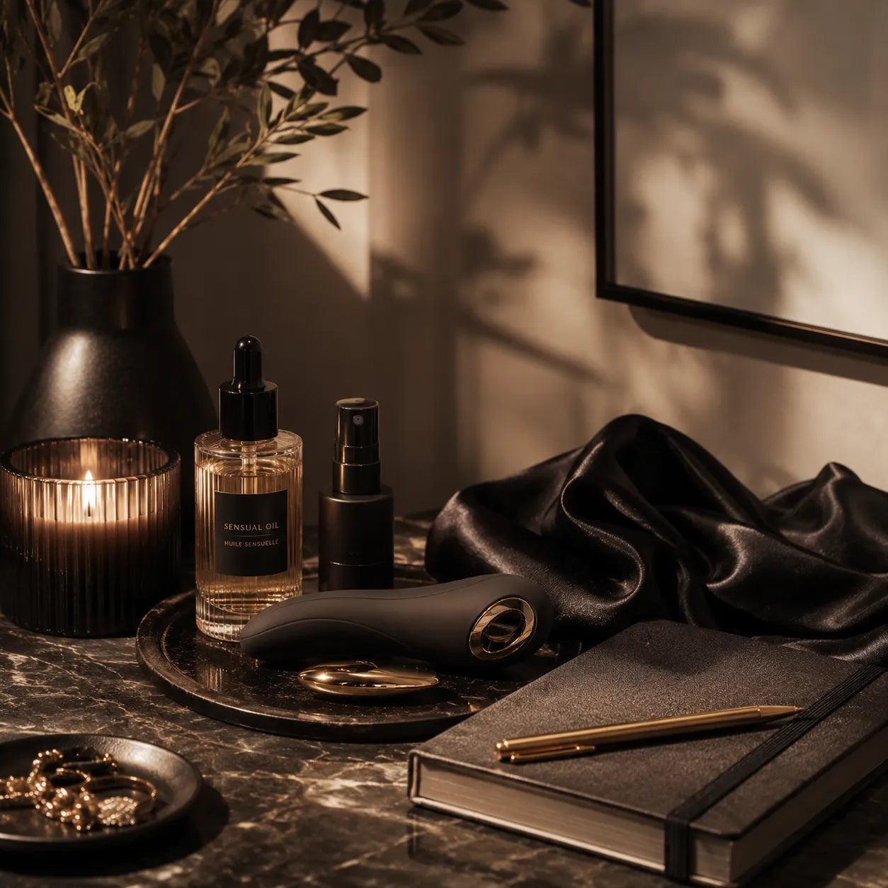 black satin sheets, candles on a night table