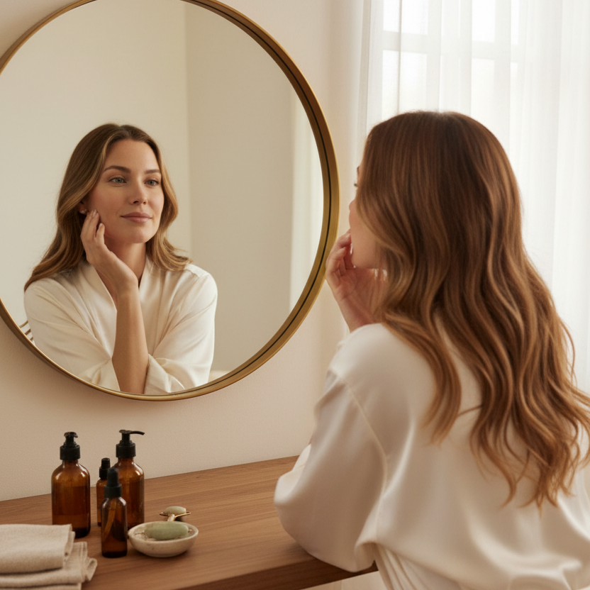 woman looking in mirror