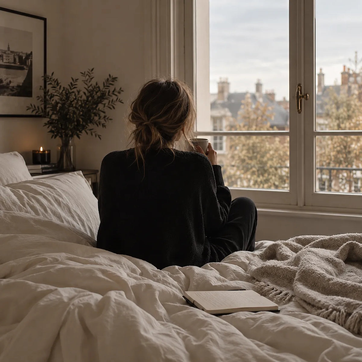 woman looking out window from bed