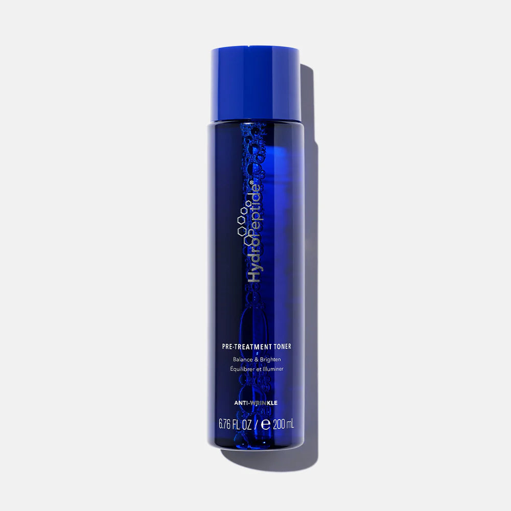 Blue bottle of HydroPeptide pre-treatment toner on a white background