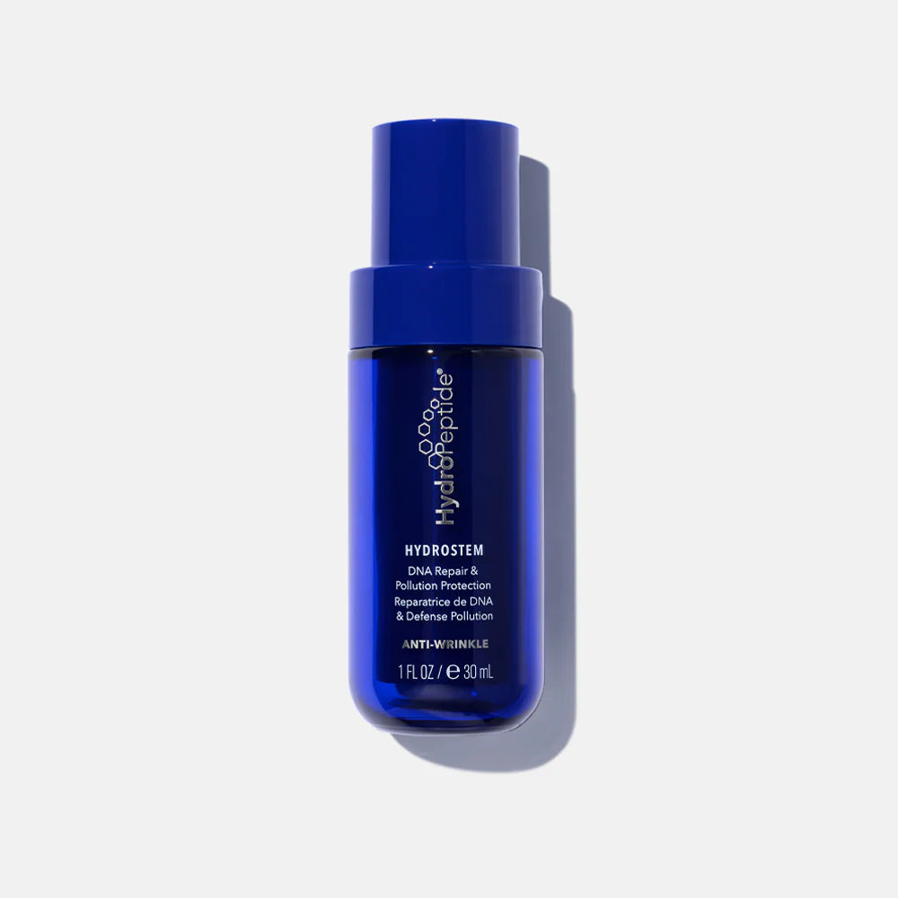 Blue bottle of Hydropeptide Hydrostem skincare product on a light gray background
