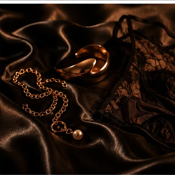 A gold-toned chain necklace with a small pearl pendant and a curved open ring pendant, styled on dark brown satin fabric next to black lace lingerie.