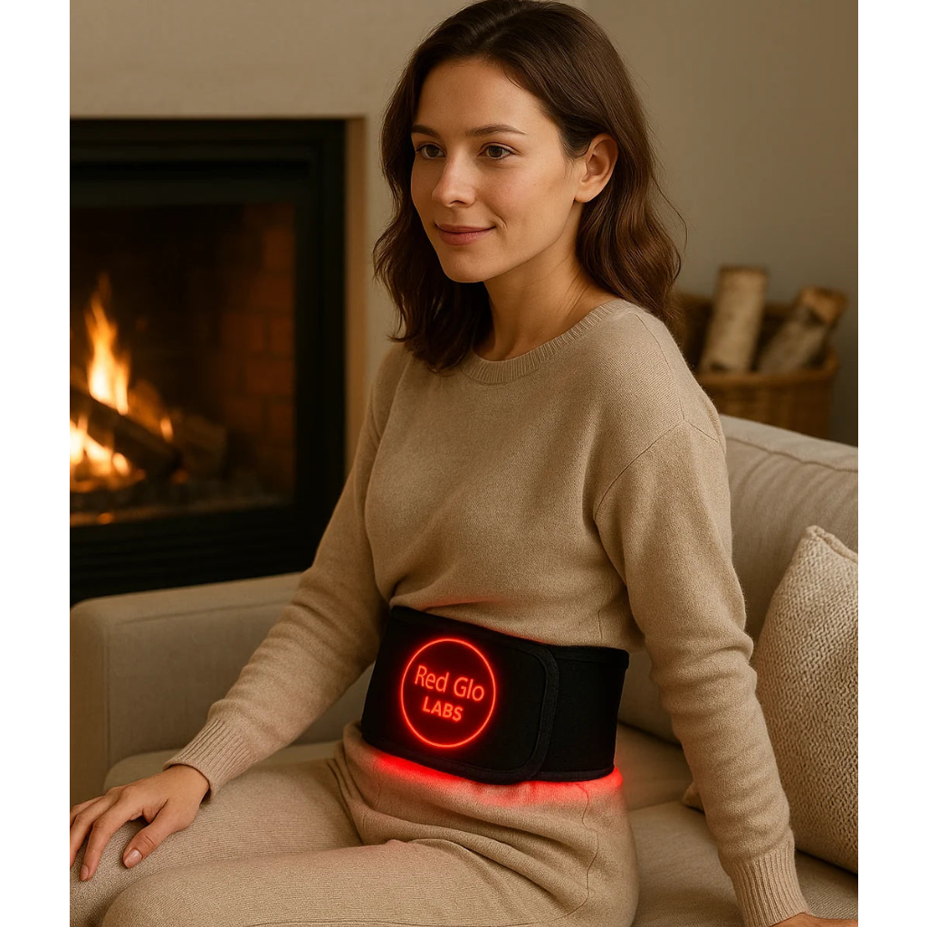 woman sitting by a fire with red glo labs therapy wrap around waist