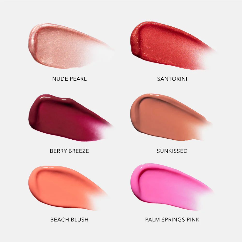 Lip colour swatches labeled 'Nude Pearl', 'Santorini', 'Berry Breeze', 'Sunkissed', 'Beach Blush', and 'Palm Springs Pink' on a white background.