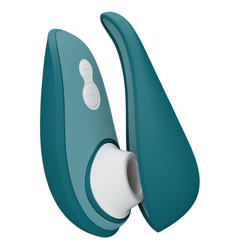 Blue silicone massager device on white background