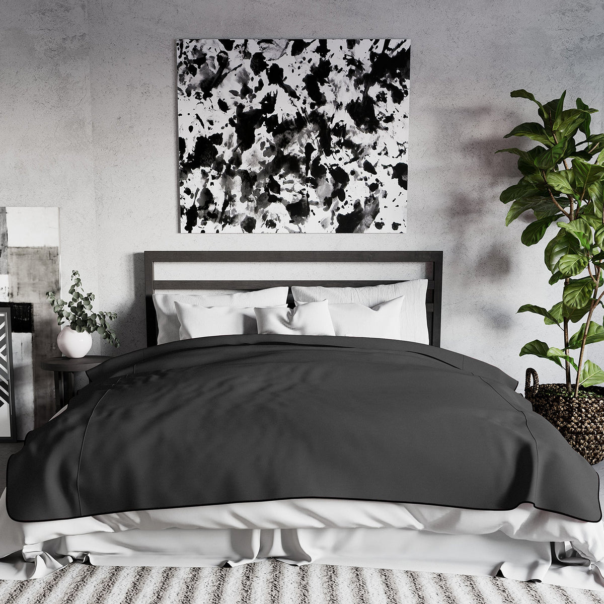 Bedroom with a bed, abstract art on the wall, and plants.