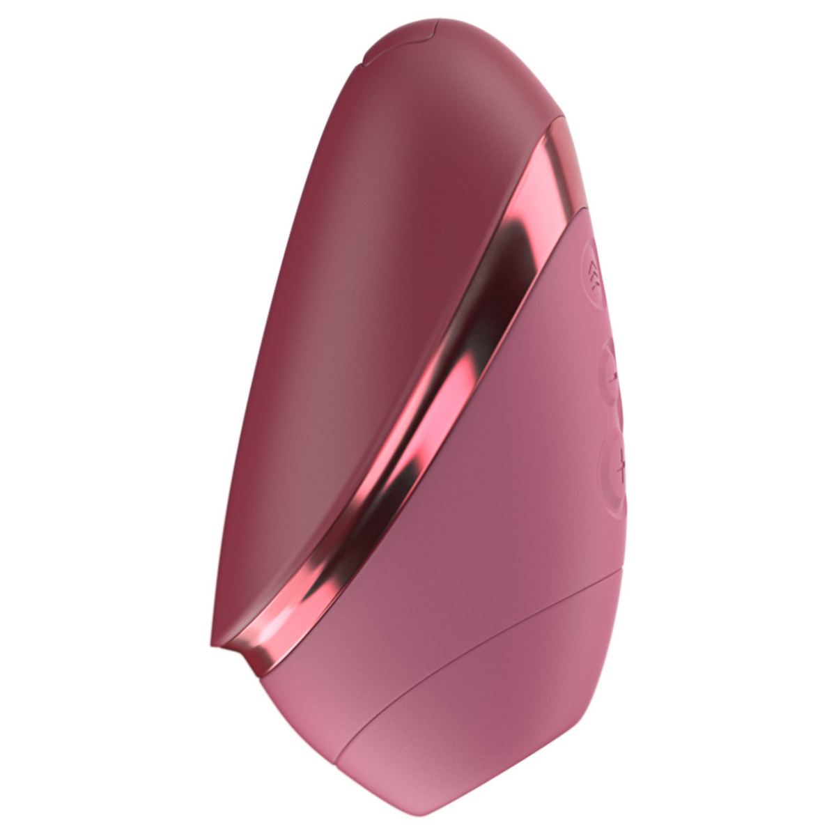 A modern, egg-shaped personal massager in a dusty rose pink color with a metallic rose gold accent strip, shown on a solid white background.