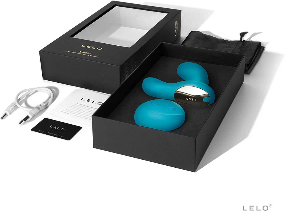 Blue electronic device in a black box with LELO branding