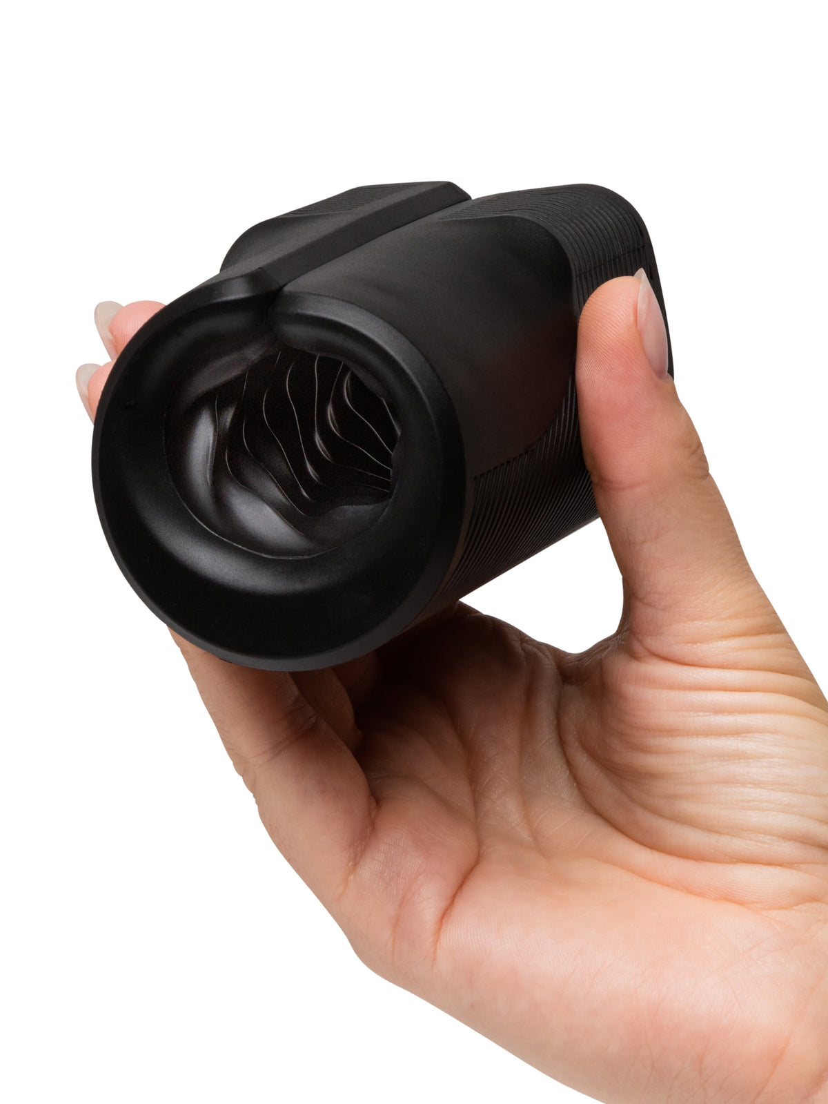 hand holding a black fleshlight