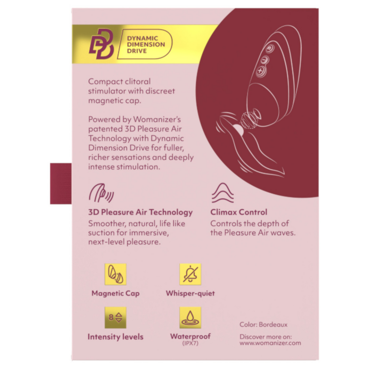 A product information card for the Dynamic Dimension Drive clitoral stimulator by Womanizer. The card features a light pink background with a large dark red circular graphic on the right showing a side profile of the device.
