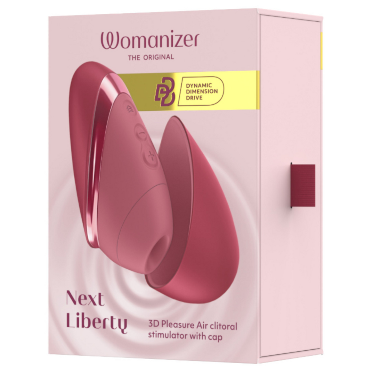 Pink retail box for the Womanizer Next Liberty 3D Pleasure Air clitoral stimulator with cap, showing a glossy pink device illustration on the front.
