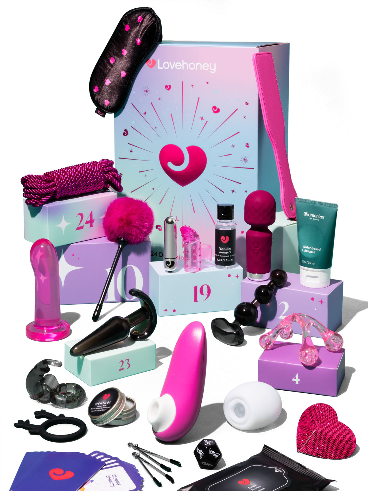 a vast array of colourful sex toys on white background