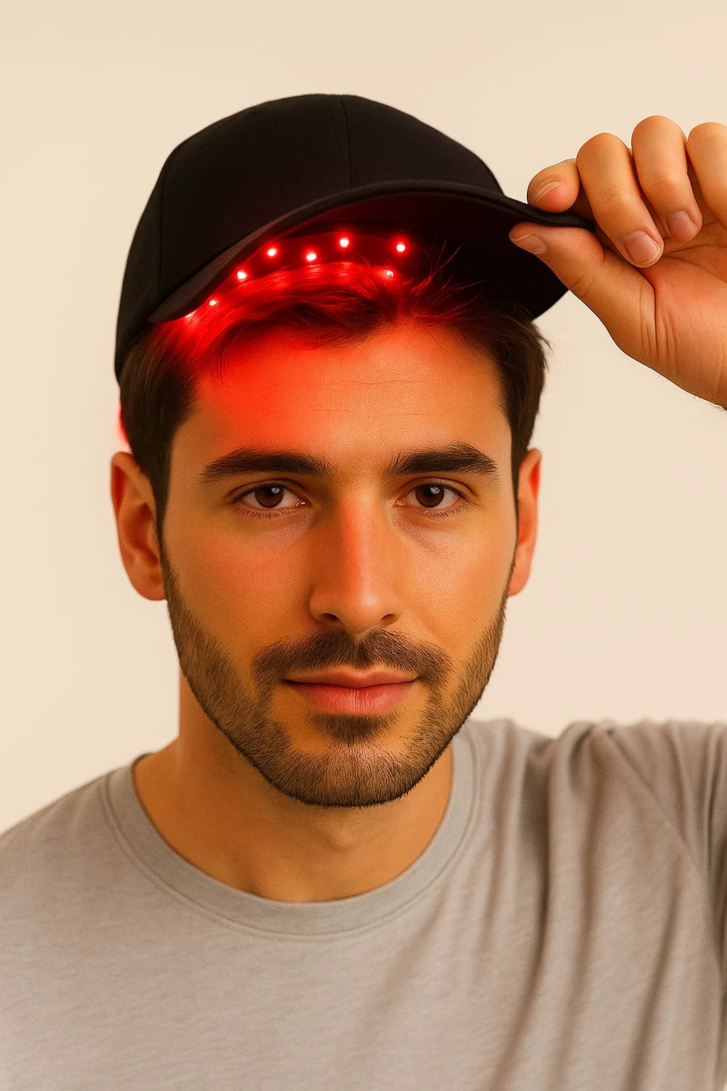 man taking off red light glo hat