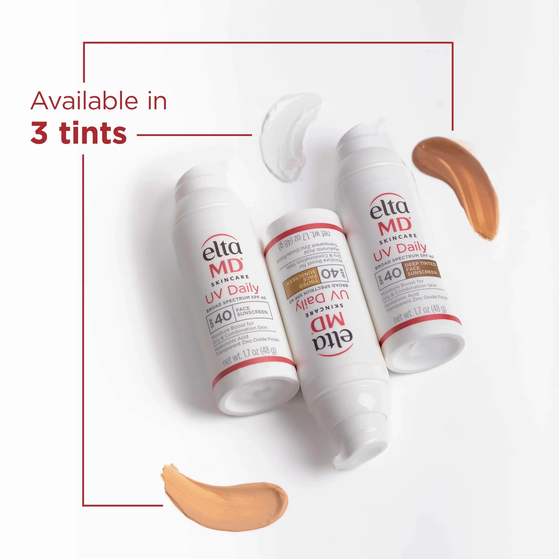 Ella MD UV Daily SPF 40 sunscreen bottles with swatches on a white background