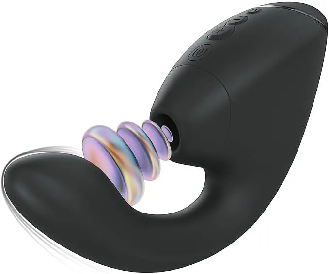 A black curved personal massager with a glossy finish, featuring a multi-colored iridescent spiral vibrator inside and a clear outer shell, shown against a solid white background.