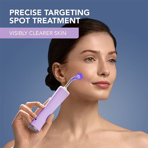 Woman using a purple skin care device with text about precise targeting spot treatment on a blue background