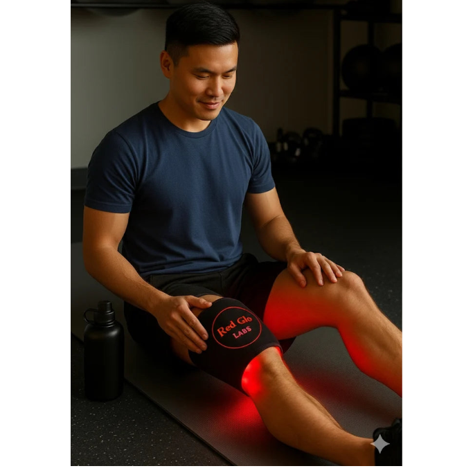 man sitting on yoga mat with red glo labs wrap around his knee showing red light therapy