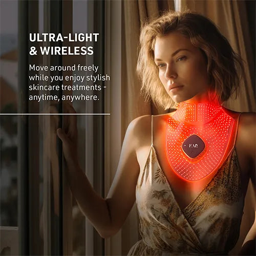 A woman in a patterned dress stands indoors near a window, wearing a glowing red neck and upper chest light therapy device. Text on the left reads 'ULTRA-LIGHT & WIRELESS' with descriptive copy about skincare treatments.