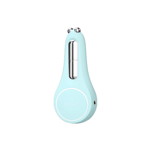 Light blue handheld device with a metallic accent on a white background
