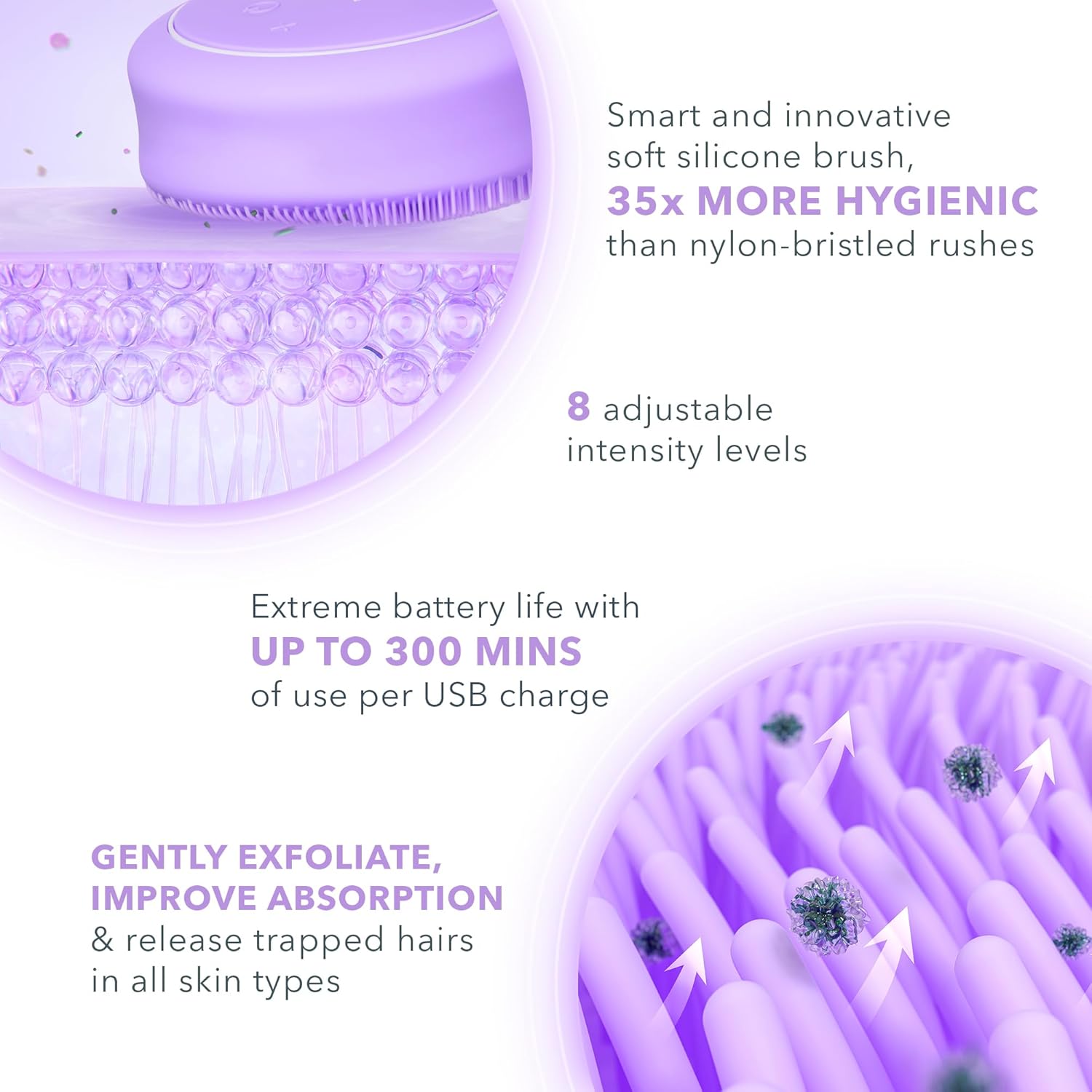 Purple silicone brush with text highlighting its features on a white background
