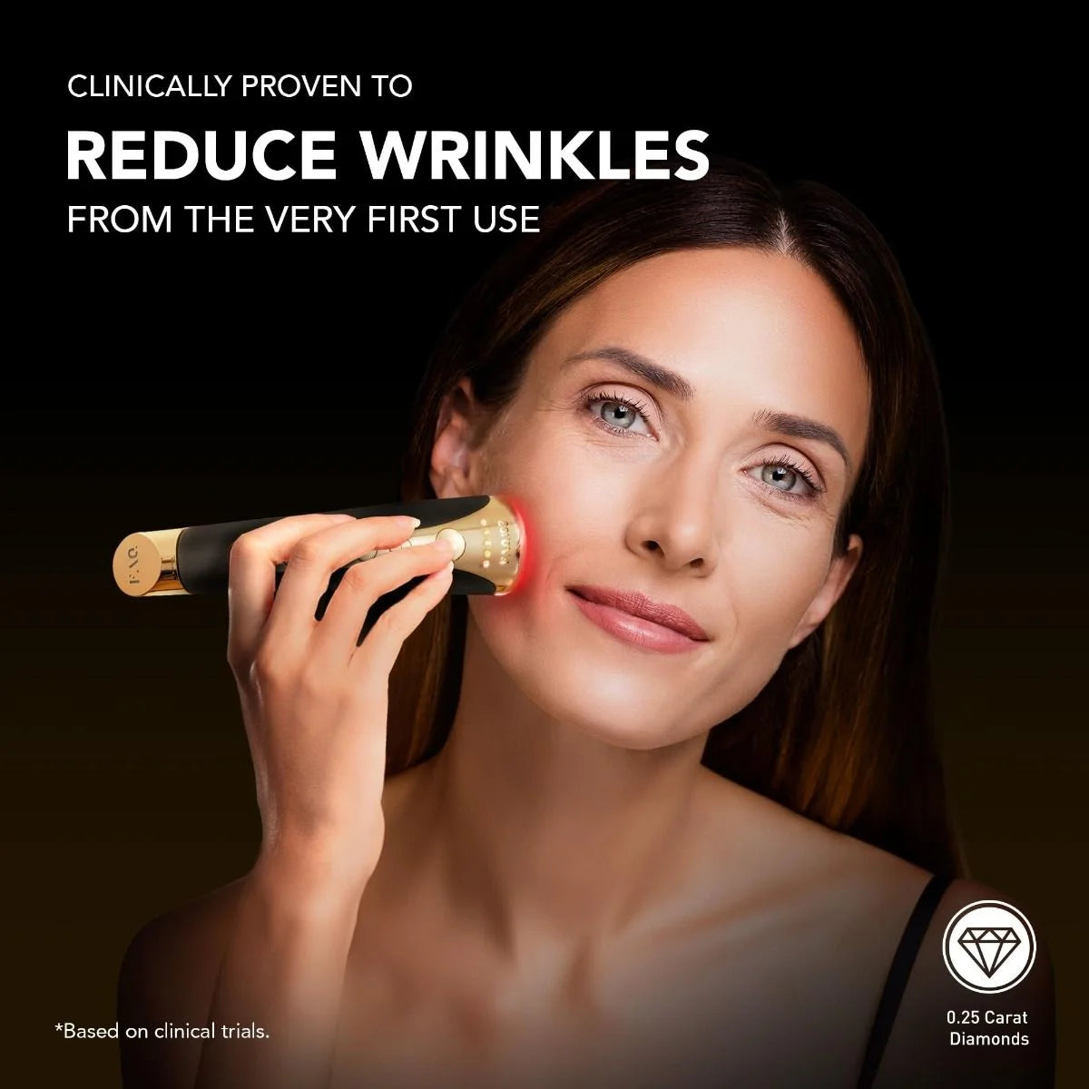 Woman using a skin care device on her face with text claiming clinical proven effectiveness.