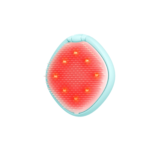 An oval-shaped red light therapy device with a light blue outer frame and a glowing red illuminated surface, shown on a plain white background.