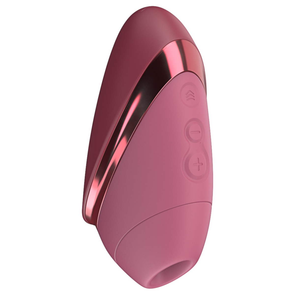 A pink personal massager with a matte finish and metallic rose gold accents, featuring three control buttons on the side, shown against a plain white background.