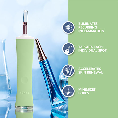 Two skincare products with text highlighting their benefits on a split background