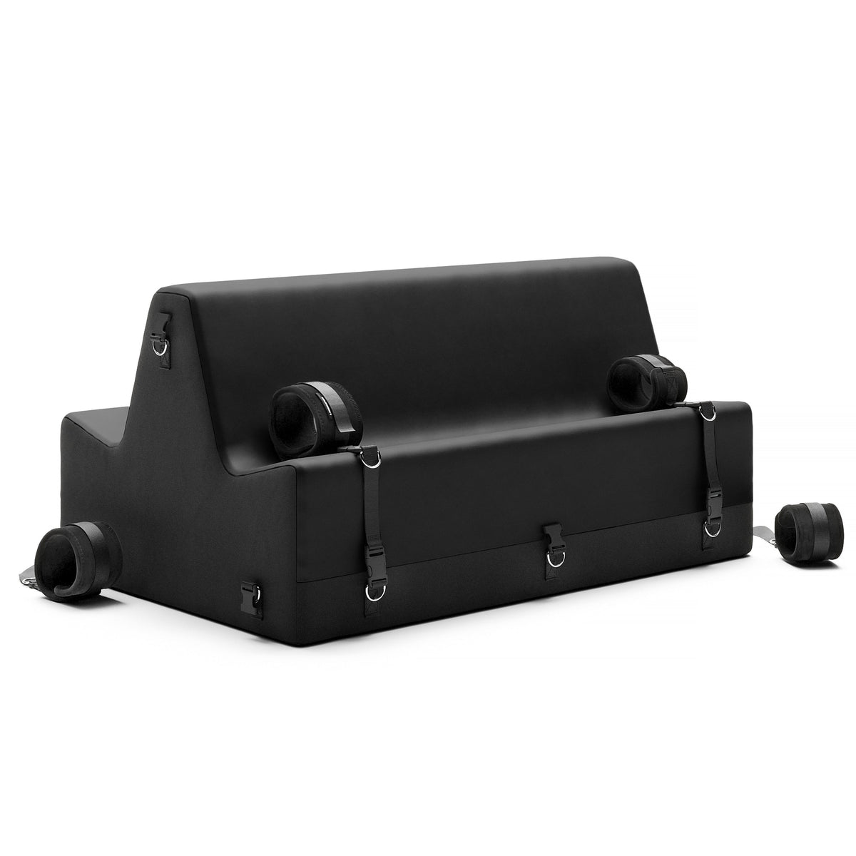 Black folding chair with cuffs on a white background