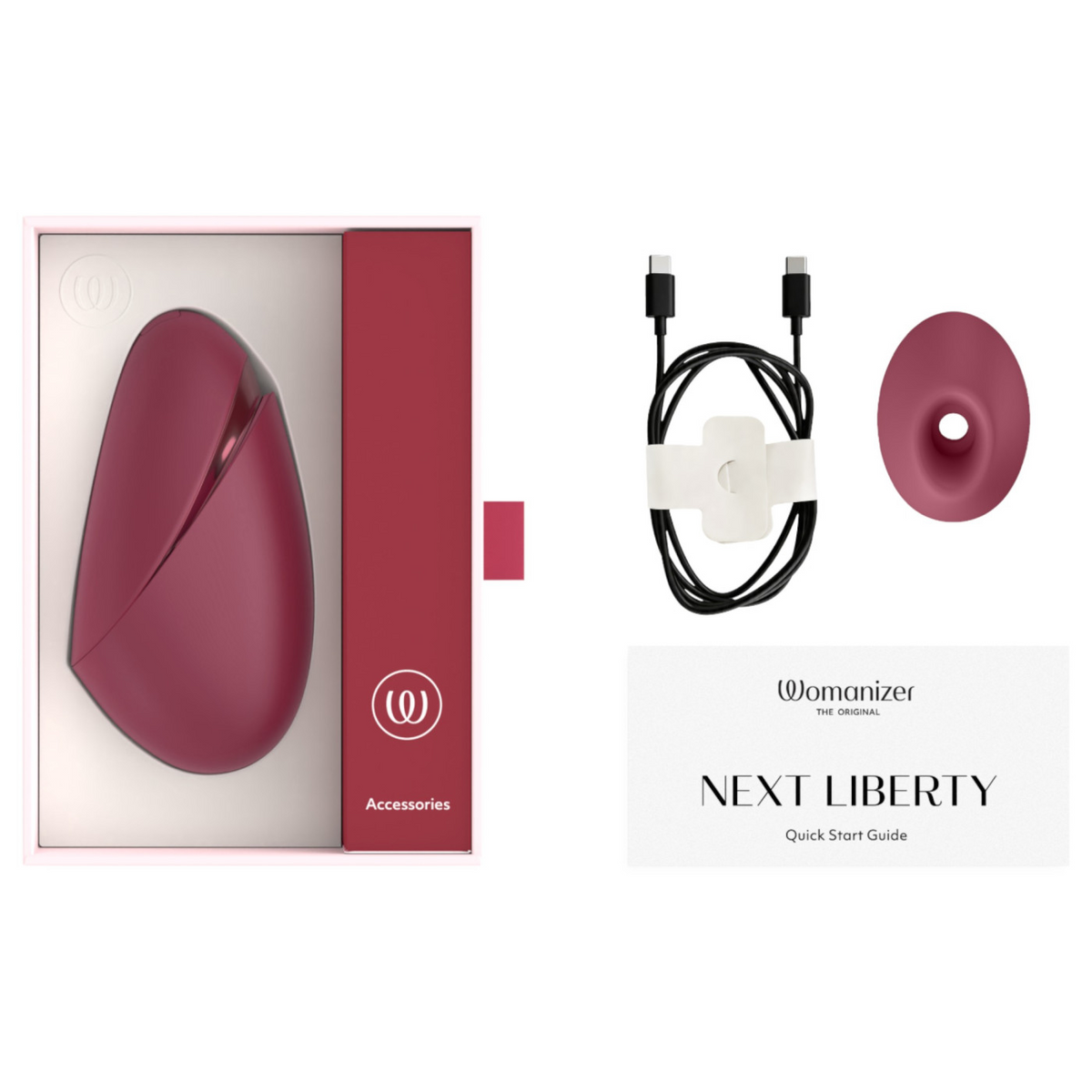 A womanizer Next Liberty accessory kit featuring a burgundy wireless personal massager in its box, a black USB-C charging cable, a matching burgundy silicone insert, and a quick start guide.