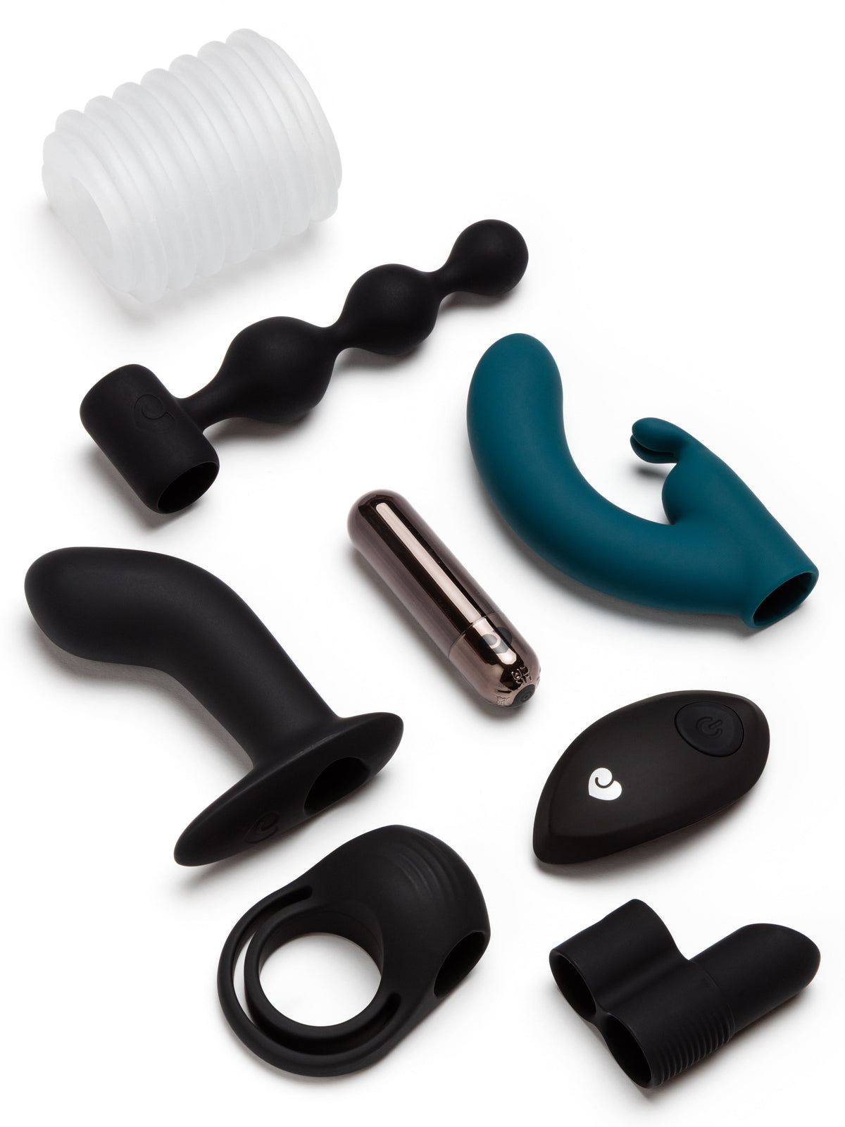 mix of black and blue sex toys on white background