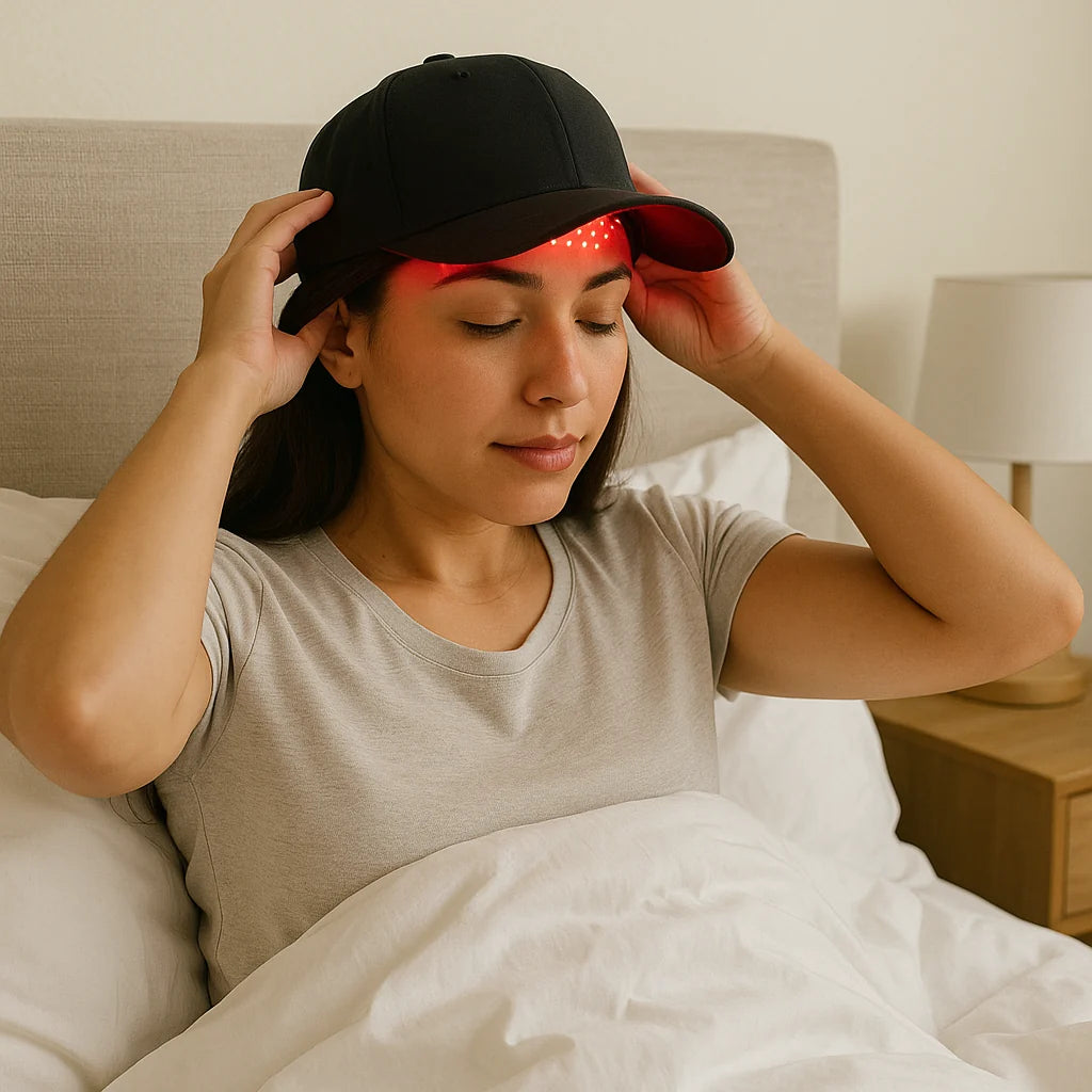 woman wearing red light hat in bed