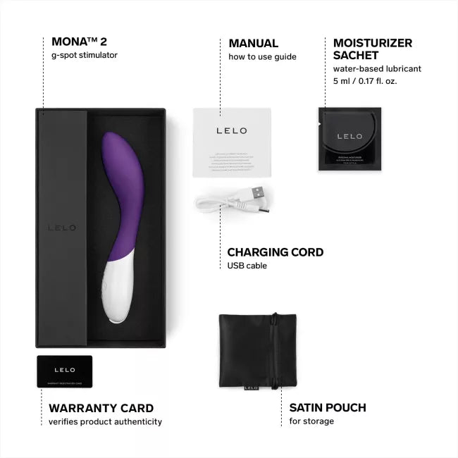 LELO MONA 2 g-spot stimulator packaging with components listed on a white background