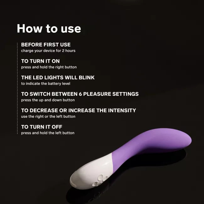 Purple and white device with user instructions on a black background