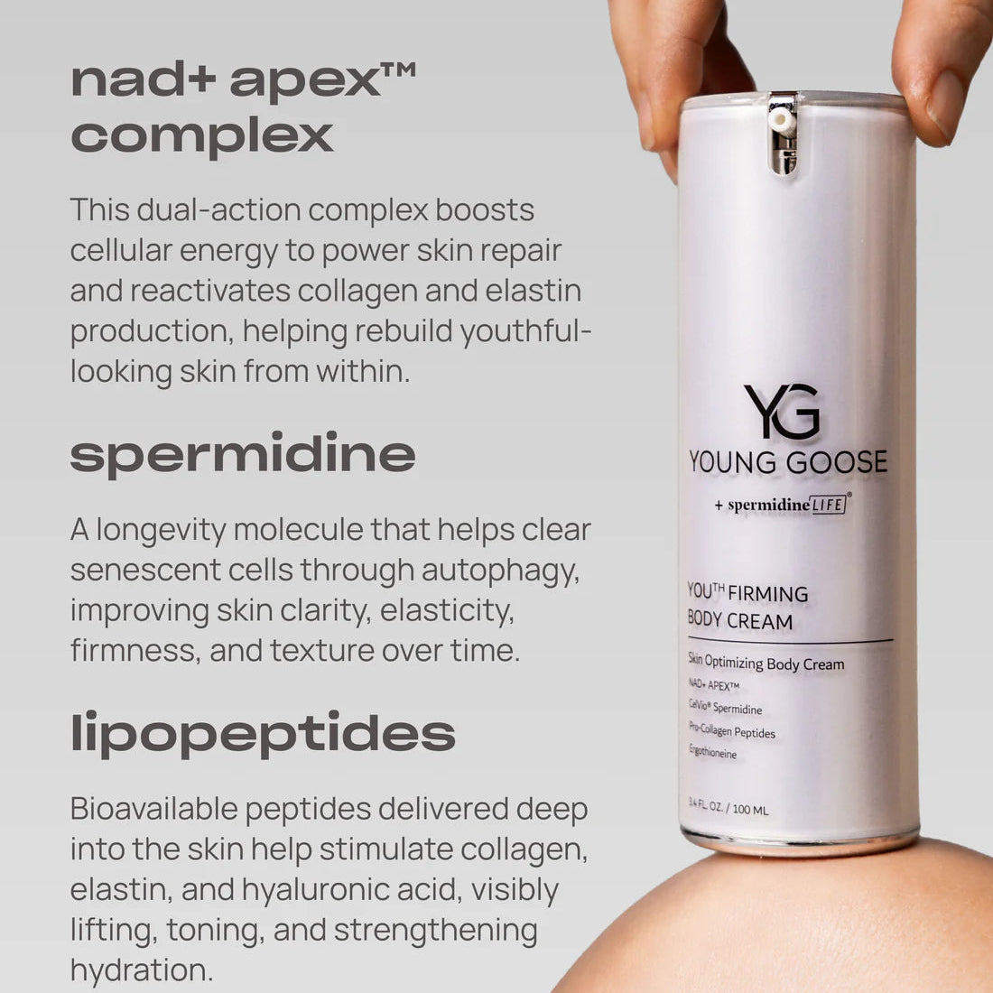 Young Goose skincare cream with product details on a gray background