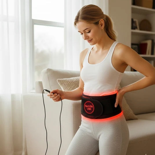 woman with red glo labs therapy wrap around waist