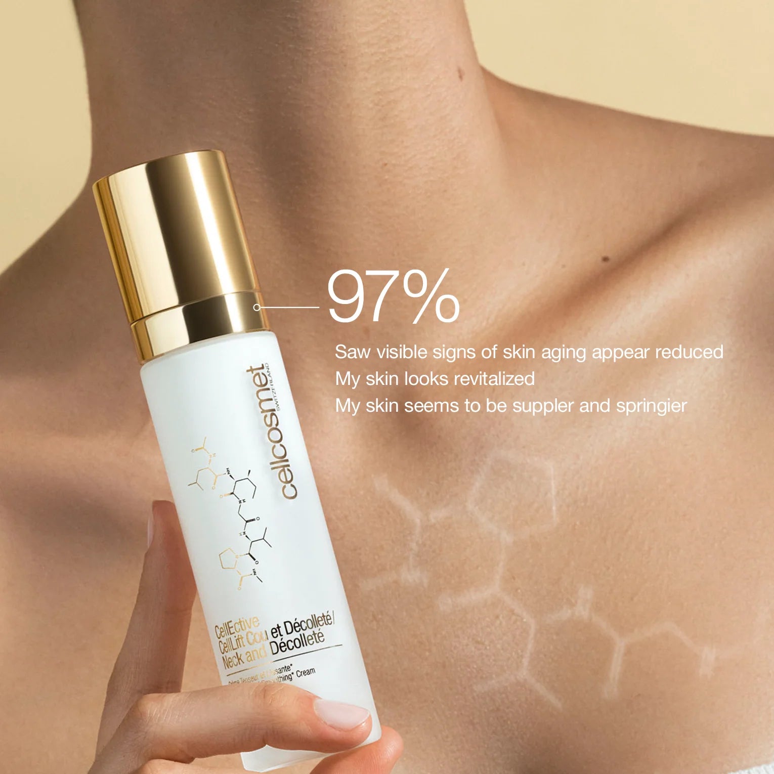 Skincare serum bottle held by a hand with text on skin aging reduction.