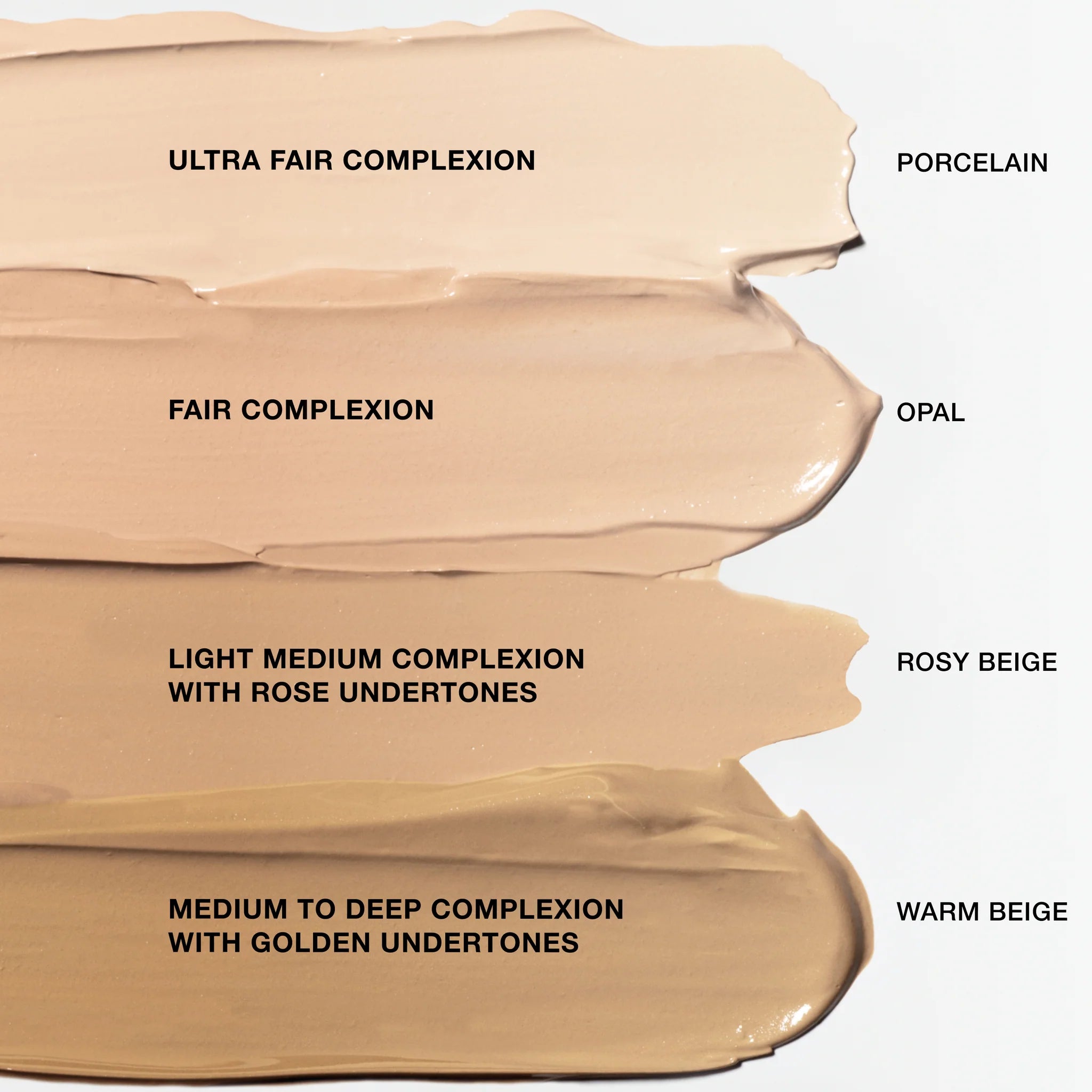 Foundation swatches labeled with complexion types on a white background