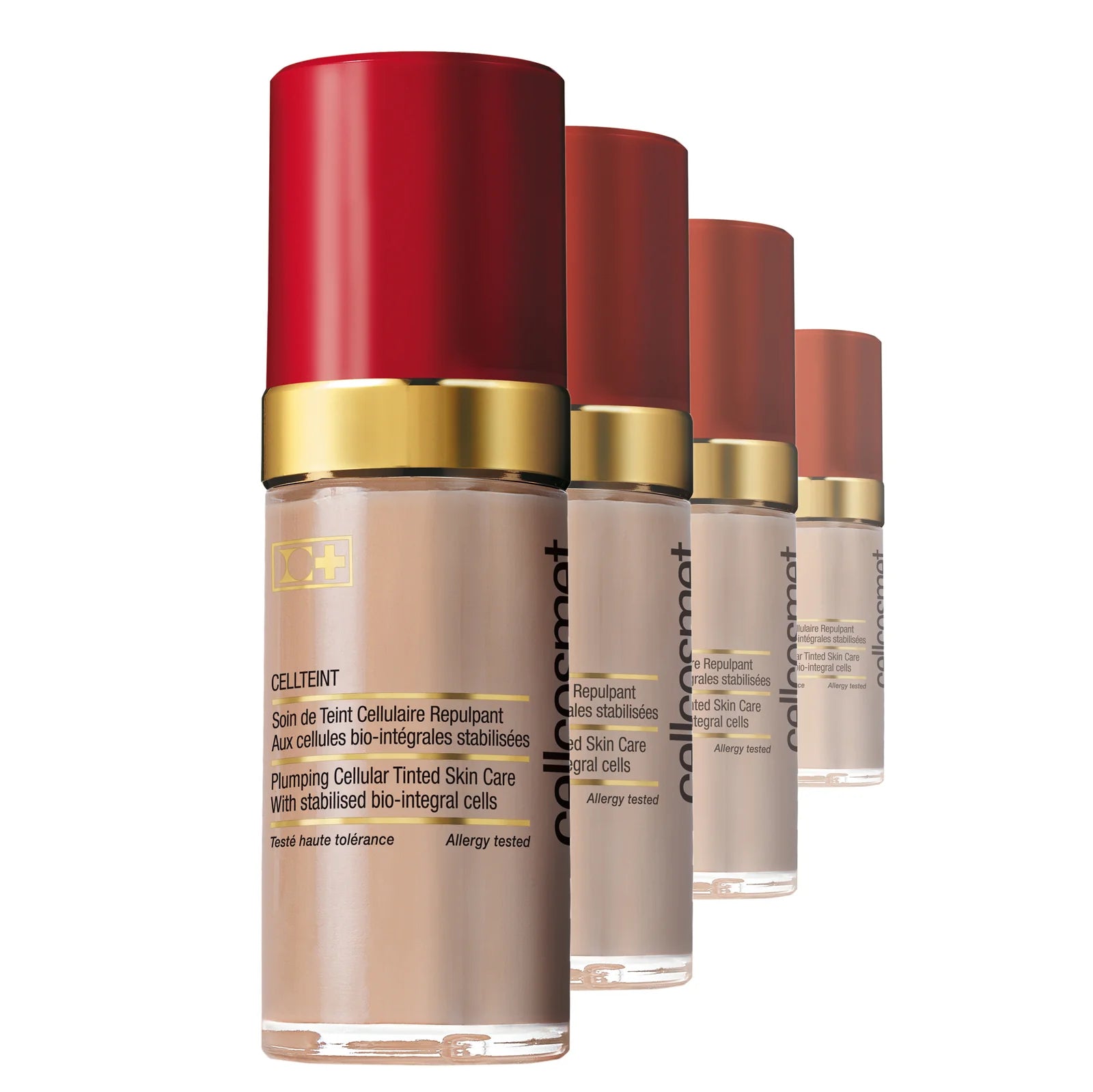 Set of Cellcosmet CELLTEINT cosmetic bottles with red caps and gold bands on a white background