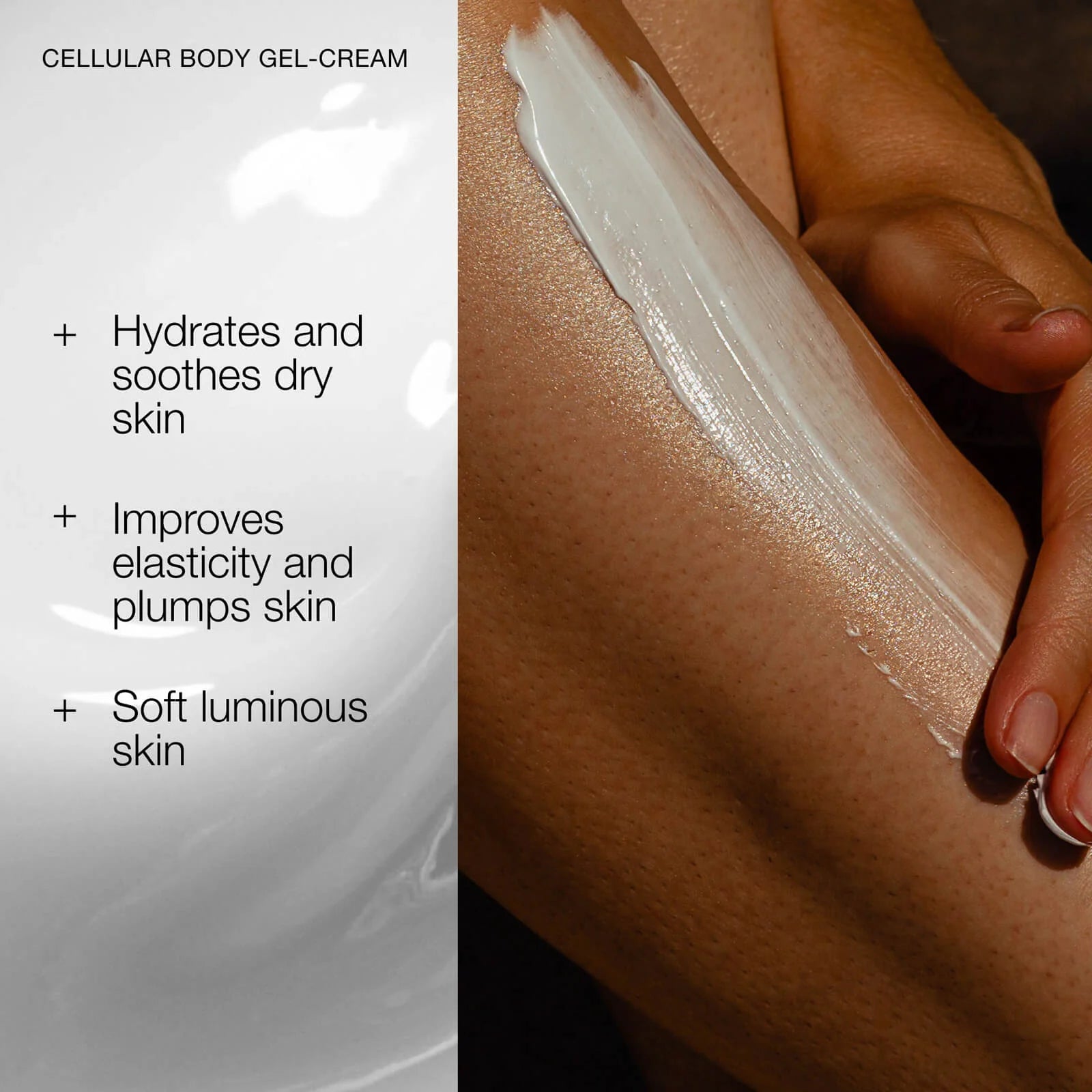 Close up of person putting cream on leg with text 